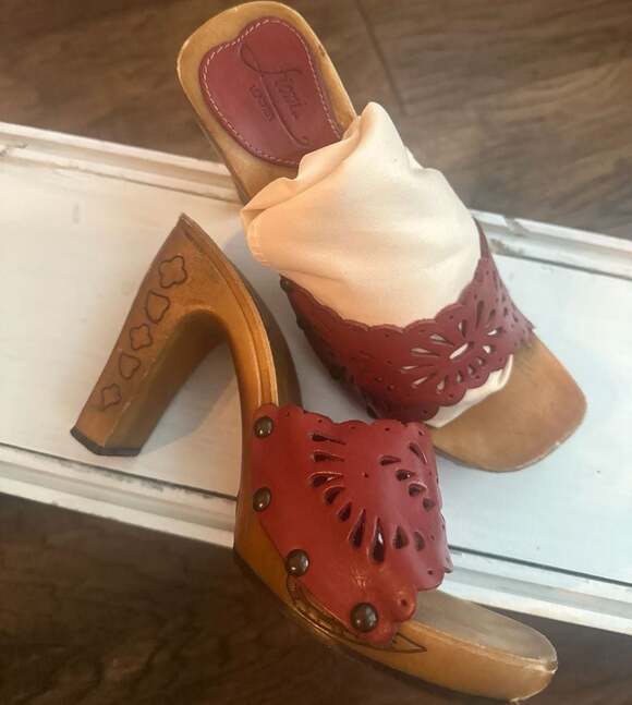 Fioni Shoes - Fioni Vintage Red Leather Laser Cut Wooden Platform Clogs Size 6.5